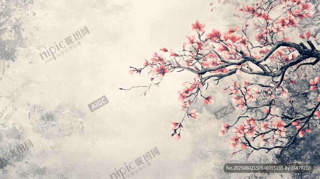 水墨桃花枝 淡雅中式意境