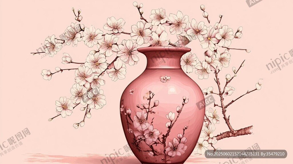 粉色花瓶配爛漫花枝