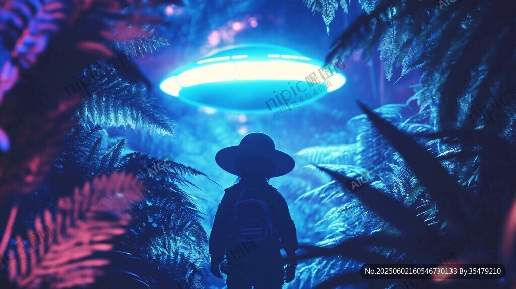 小孩凝望森林中的發光UFO