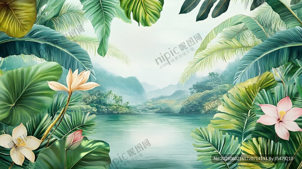 熱帶叢林中的湖景花卉