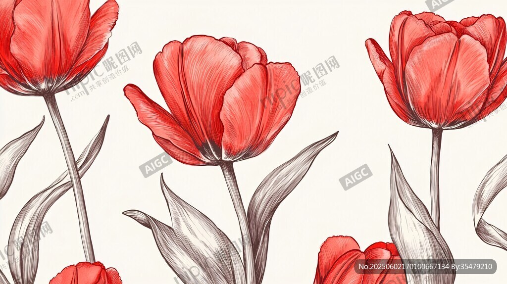 手繪紅色郁金香花卉圖案