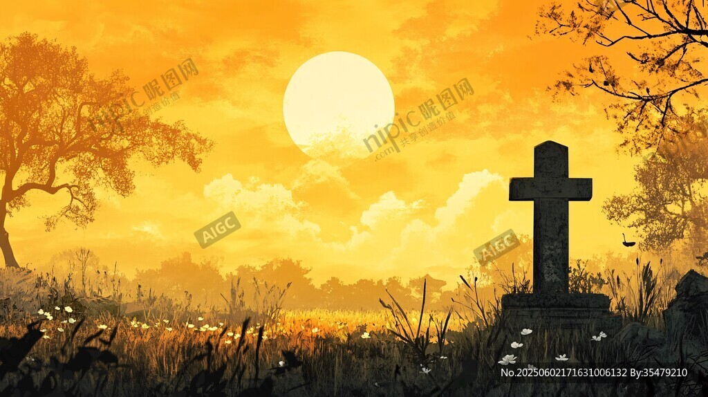 夕陽(yáng)下的墓地十字架景觀