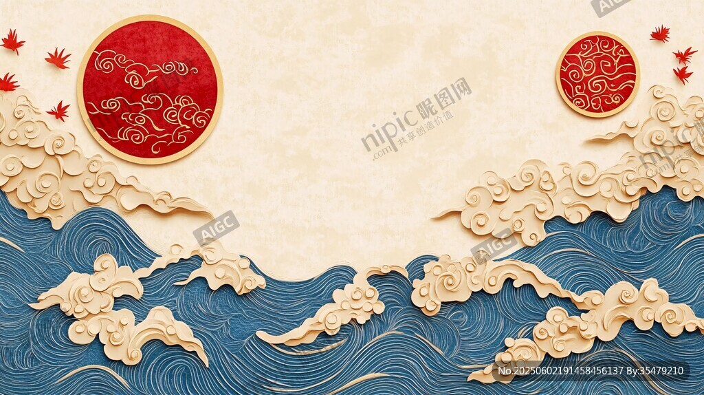 中式海浪祥云圓形裝飾圖