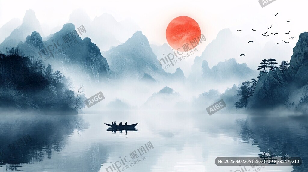 水墨山水間的泛舟日出景