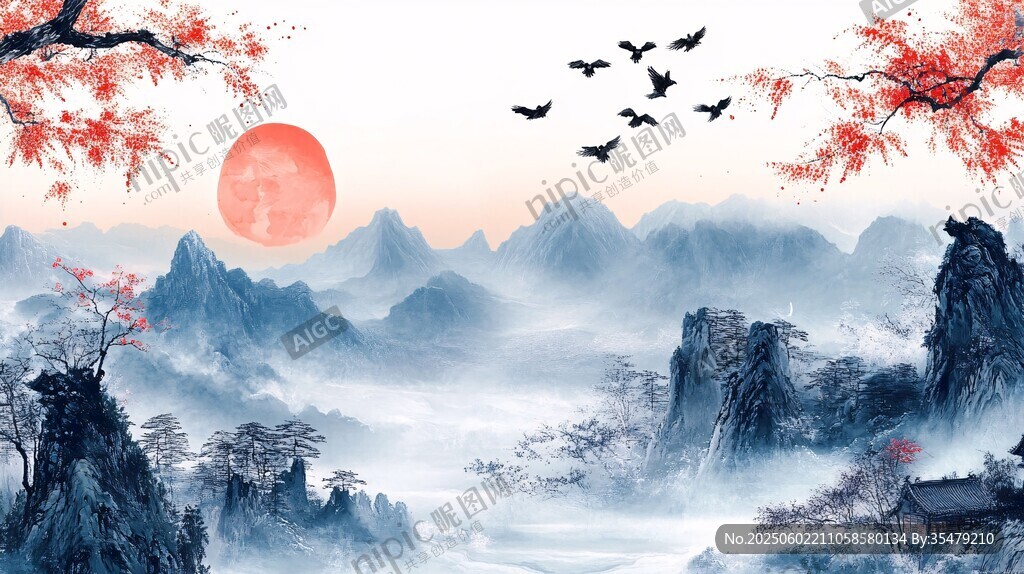 紅日映山飛鳥(niǎo)詩(shī)意山水