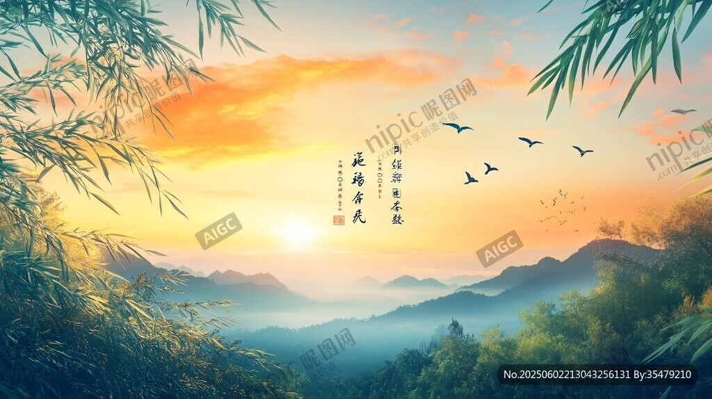 日暮山林間 飛鳥伴竹影
