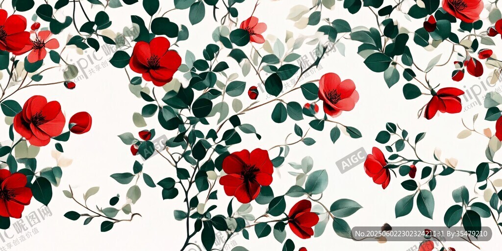 紅花綠葉植物花卉圖案