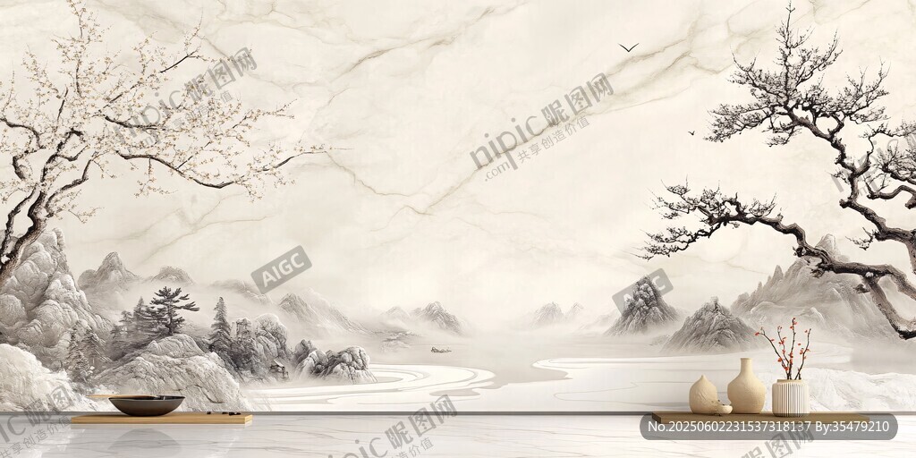 中式山水意境大理石背景墻