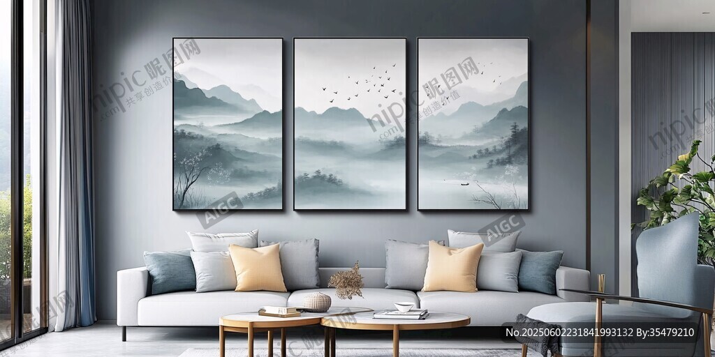 新中式客廳的雅致山水掛畫