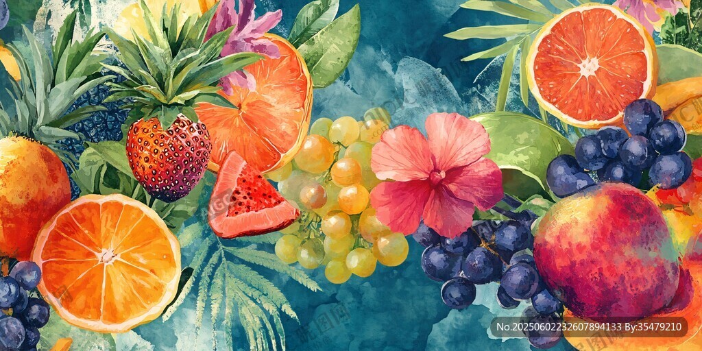 熱帶繽紛水果水彩插畫
