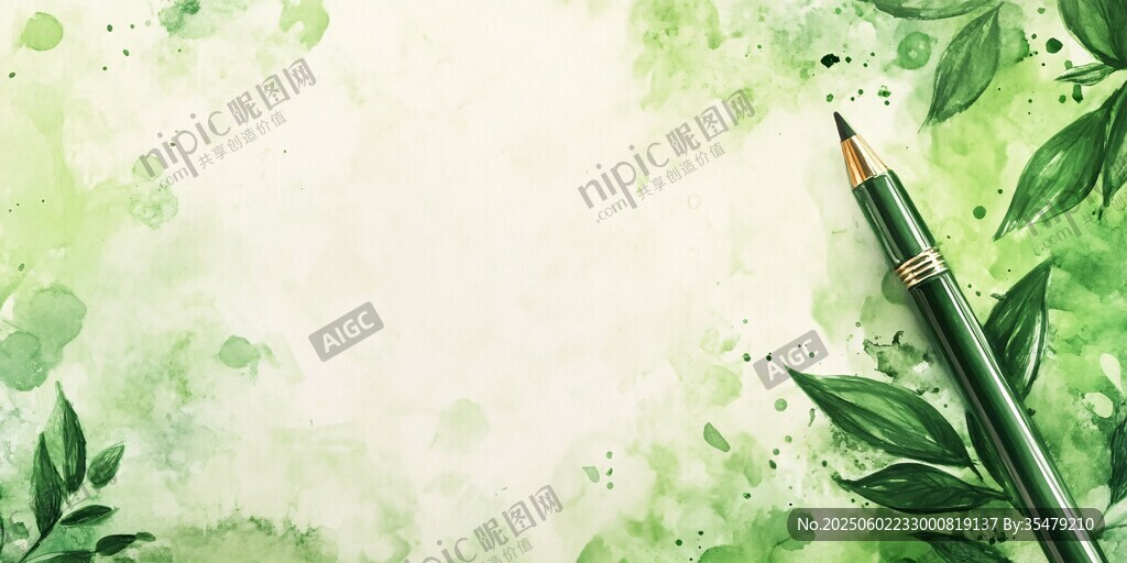 綠葉水彩背景的鉛筆圖景