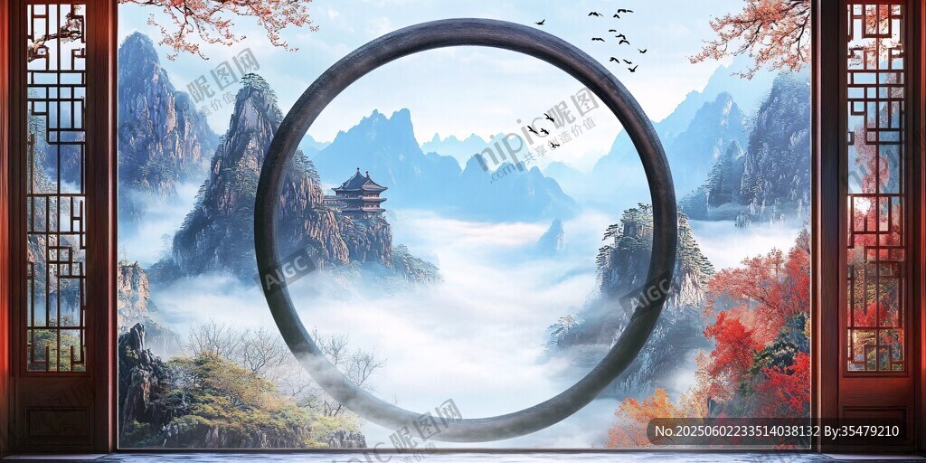 中式山水圓窗意境風光