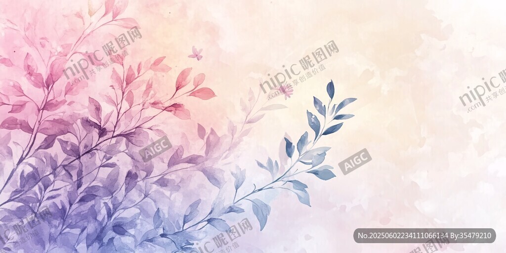 夢幻水彩花卉枝葉背景圖