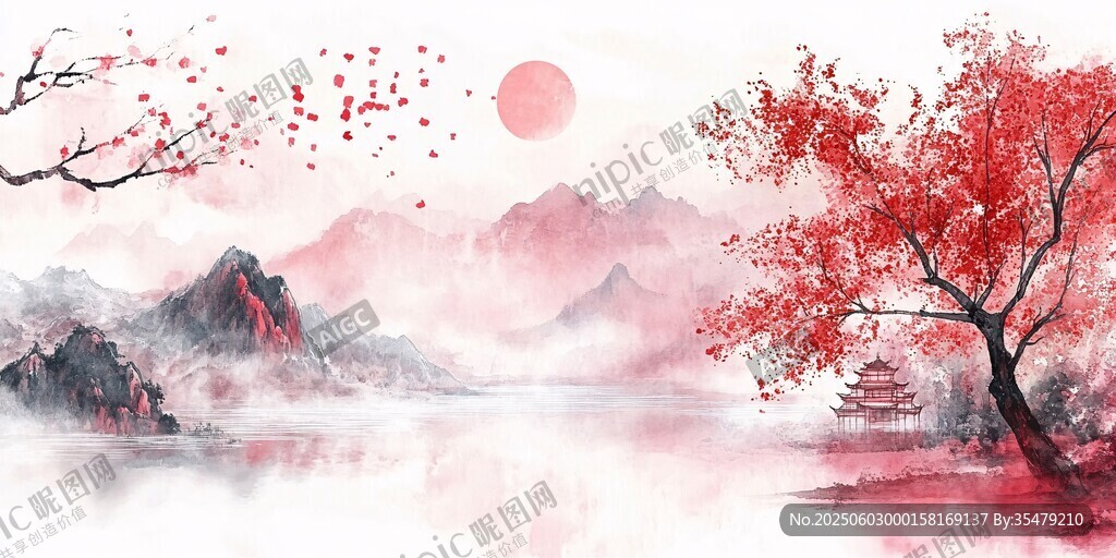水墨紅梅映月山水圖景