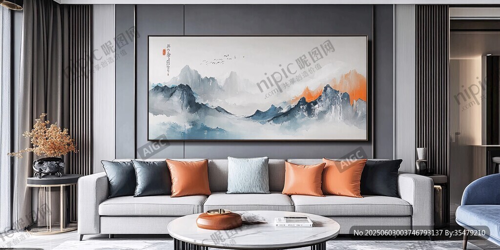現代客廳中的中式山水掛畫