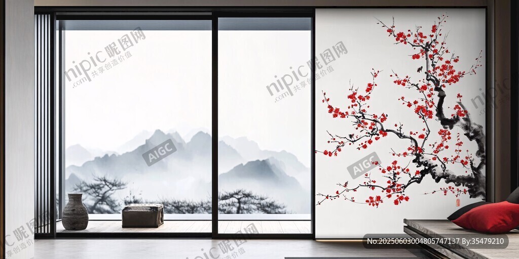 中式窗景 墨山紅梅雅致風