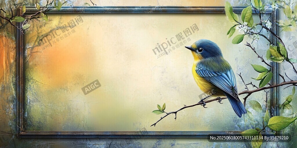 畫框中棲息枝頭的美麗小鳥