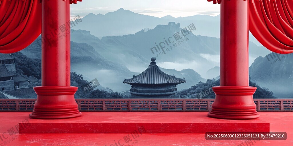 中式紅舞臺(tái)與遠(yuǎn)山景致
