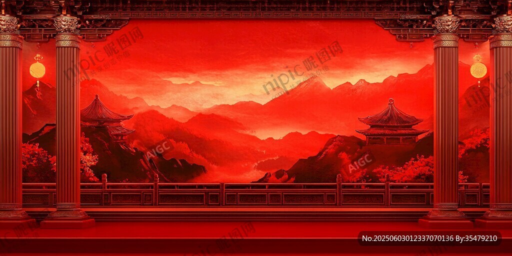 中式紅韻山水舞臺場景