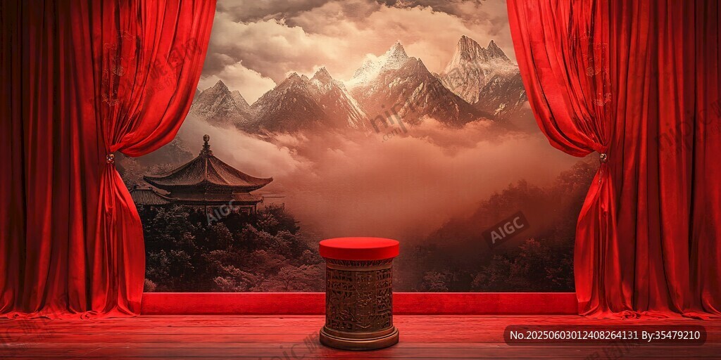 紅幕前的中式山水舞臺場景