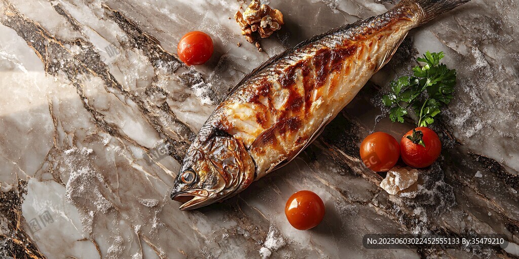 烤海魚(yú)配番茄等食材