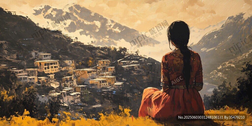女孩靜賞山間村落美景