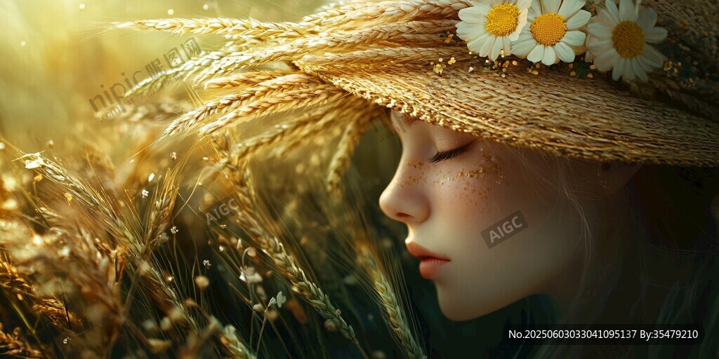 戴雛菊草帽的田園少女