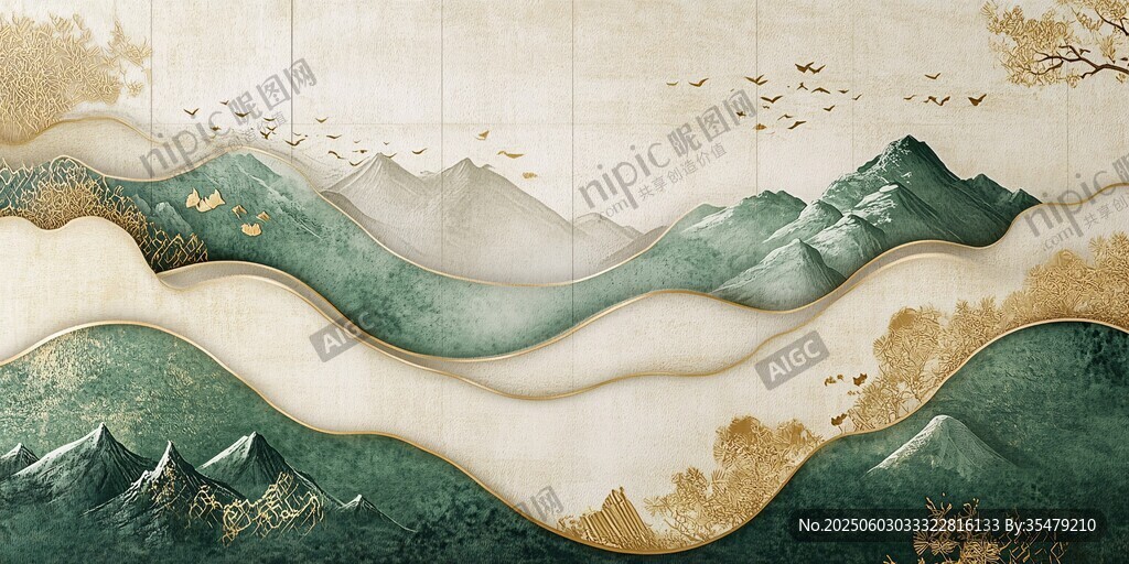 中式山水金紋立體裝飾畫