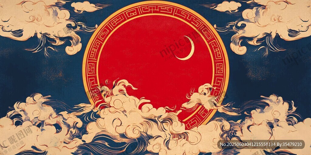 中式圓月云海古風(fēng)插畫