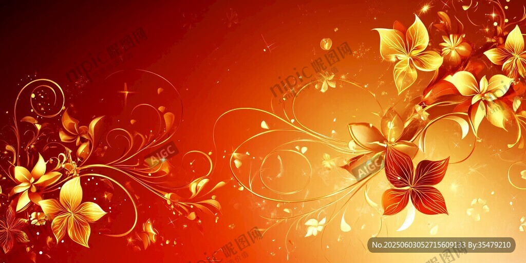紅色背景金色花卉裝飾圖