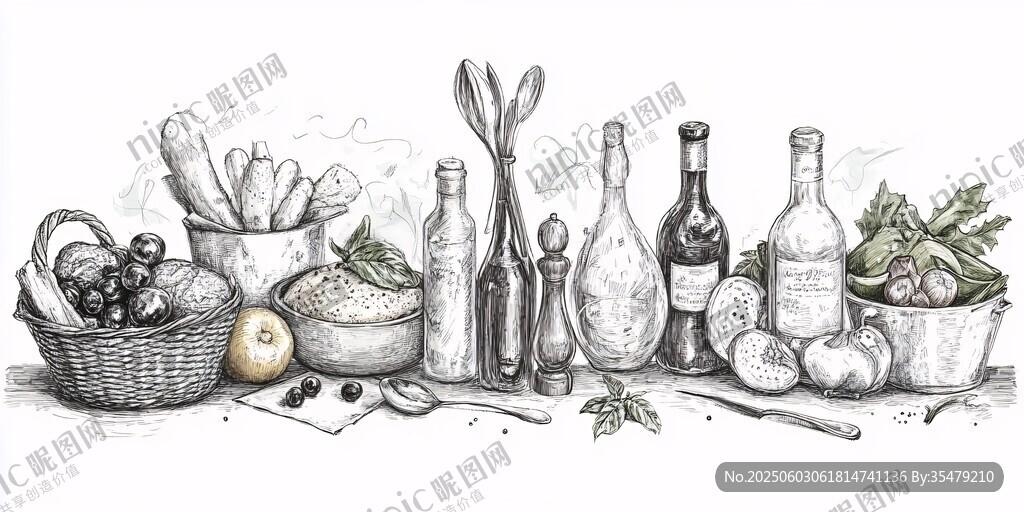 廚房食材與餐具素描畫面