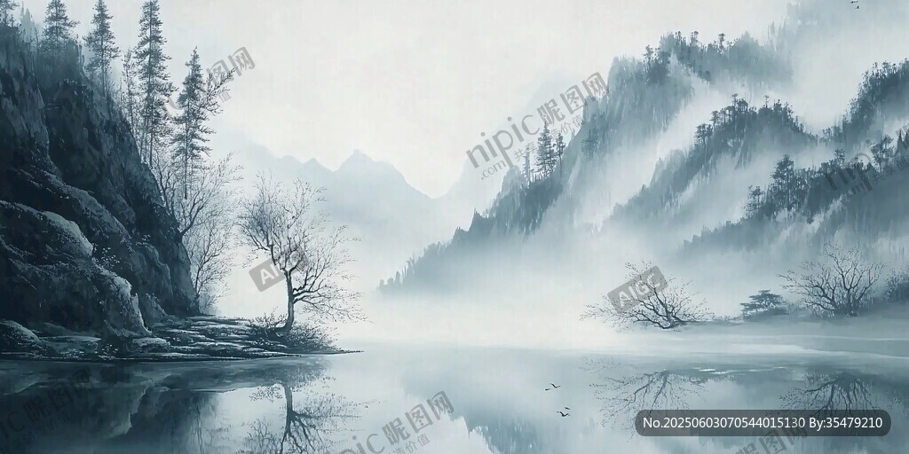 水墨山水間的靜謐湖景