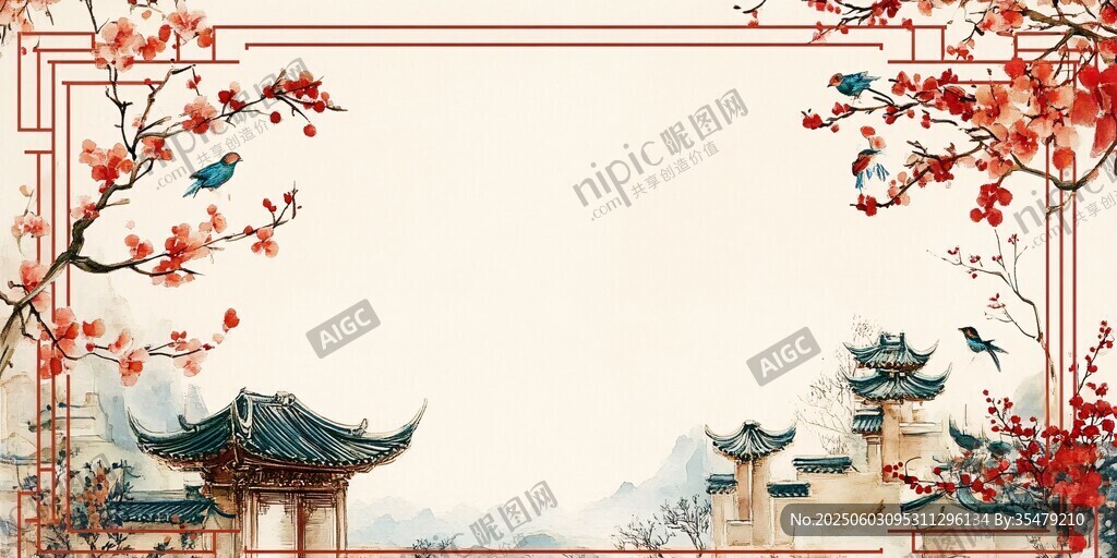 中式古典花鳥亭臺背景圖