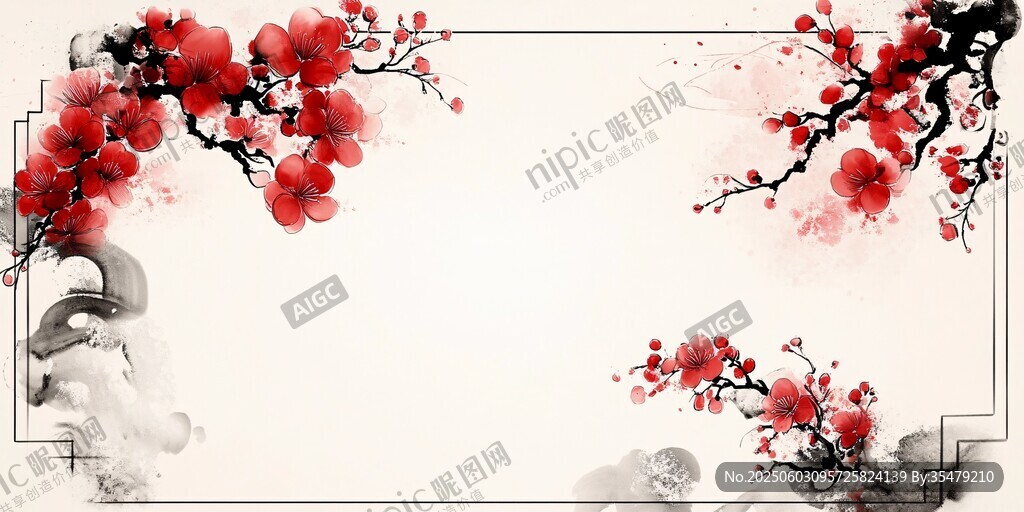中式水墨紅梅邊框背景圖