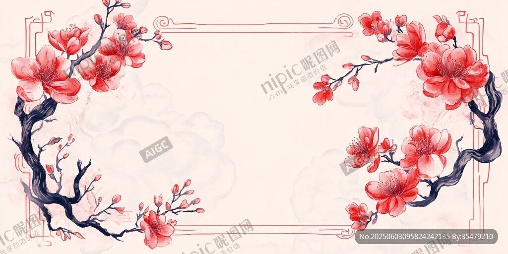 中式水墨風桃花邊框背景