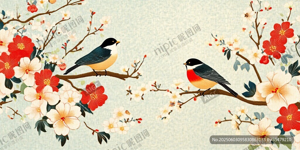 枝頭雙鳥伴繁花