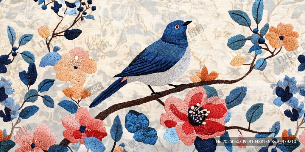 藍鳥棲繁花枝頭插畫