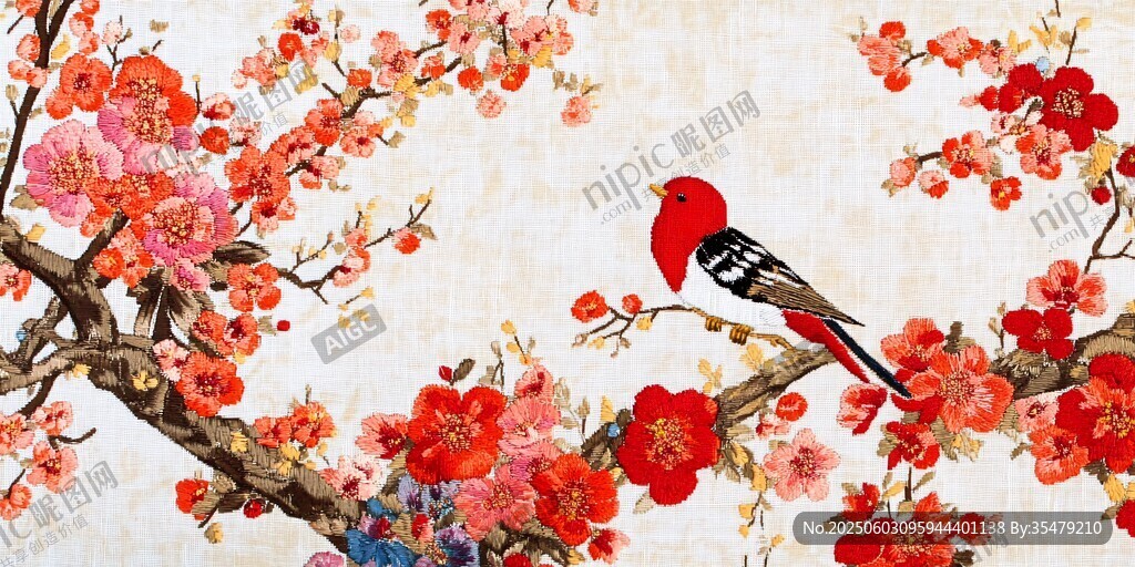 紅梅枝頭立鳥中式美景