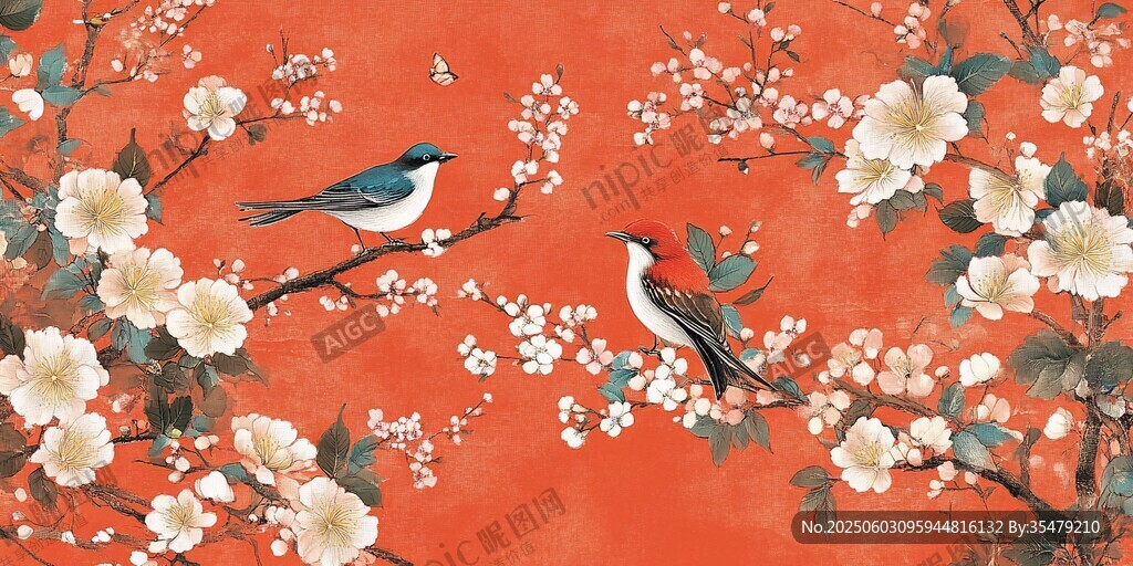 紅底花鳥圖