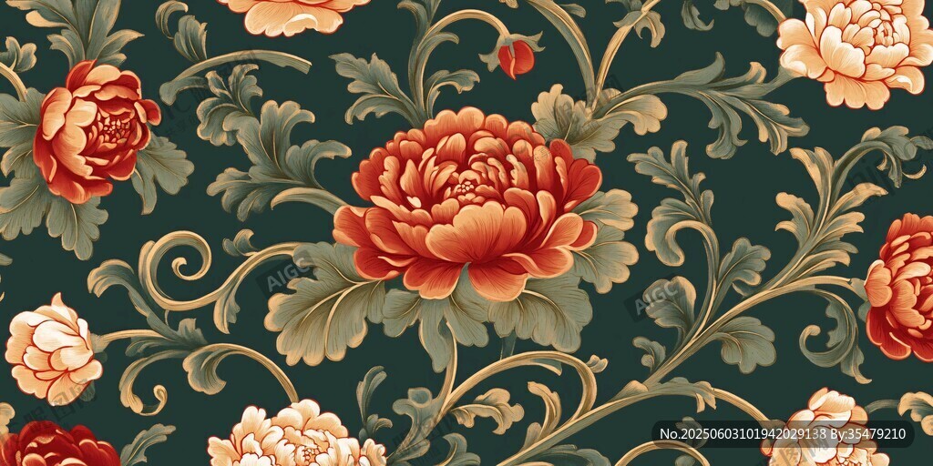 中式牡丹花卉復(fù)古花紋圖案