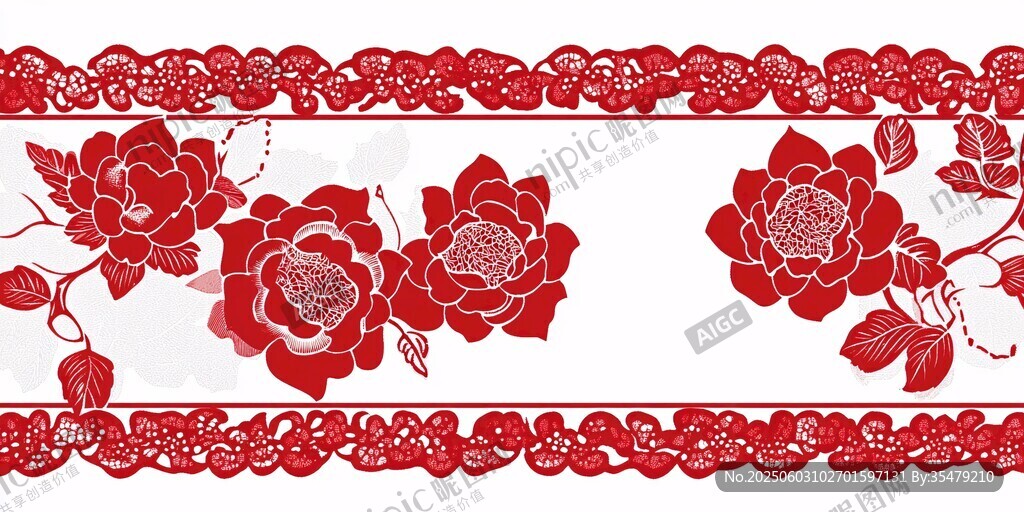 中式紅色花卉花邊圖案