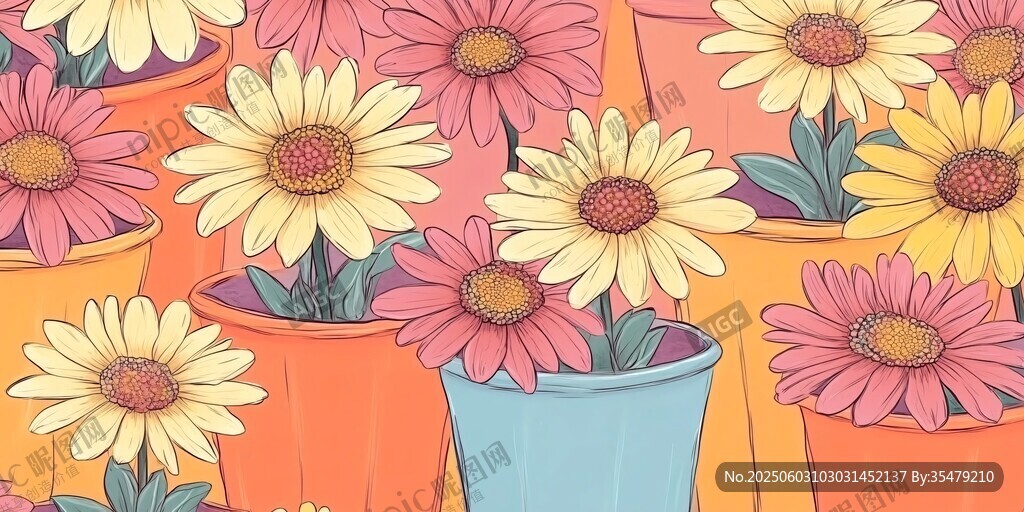 多彩盆栽花卉插畫