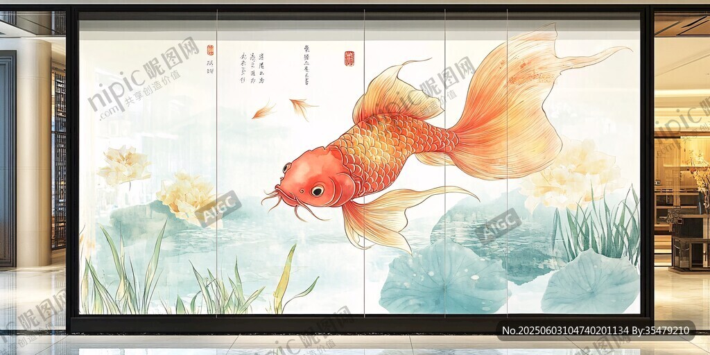 中式金魚荷花玄關(guān)裝飾畫