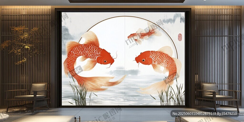 中式客廳中的金鯉藝術(shù)畫