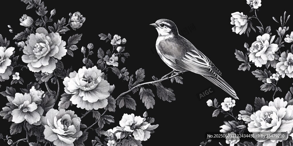 花鳥黑白插畫 雅致意境