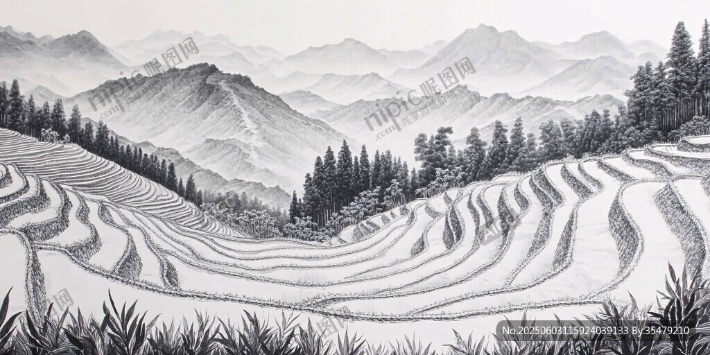 水墨梯田與遠山景致