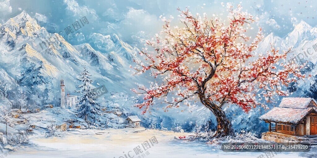冬日雪景中的紅樹與小屋