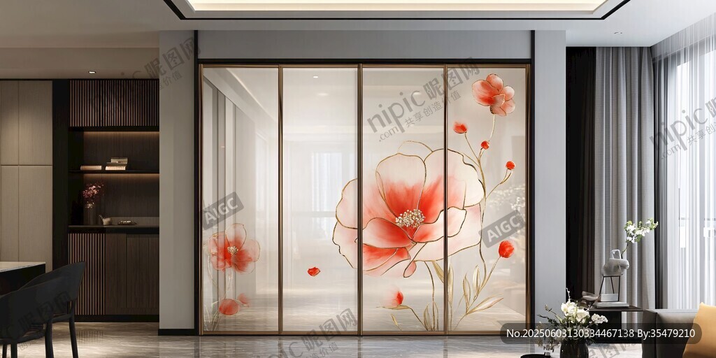 中式花卉玻璃隔斷客廳美