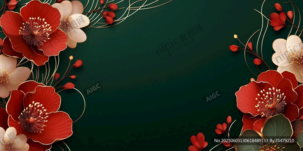 紅白花飾裝點(diǎn)深綠背景