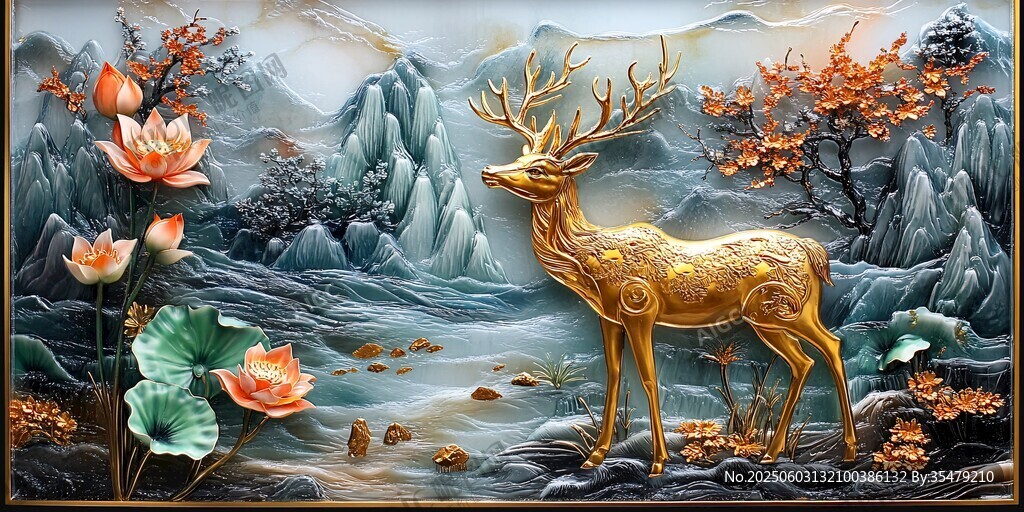 金鹿棲于山水花卉間